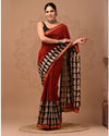 Maheshwari Silk Saree dark red Handblock Printed With running blouse (Silk by Silk)