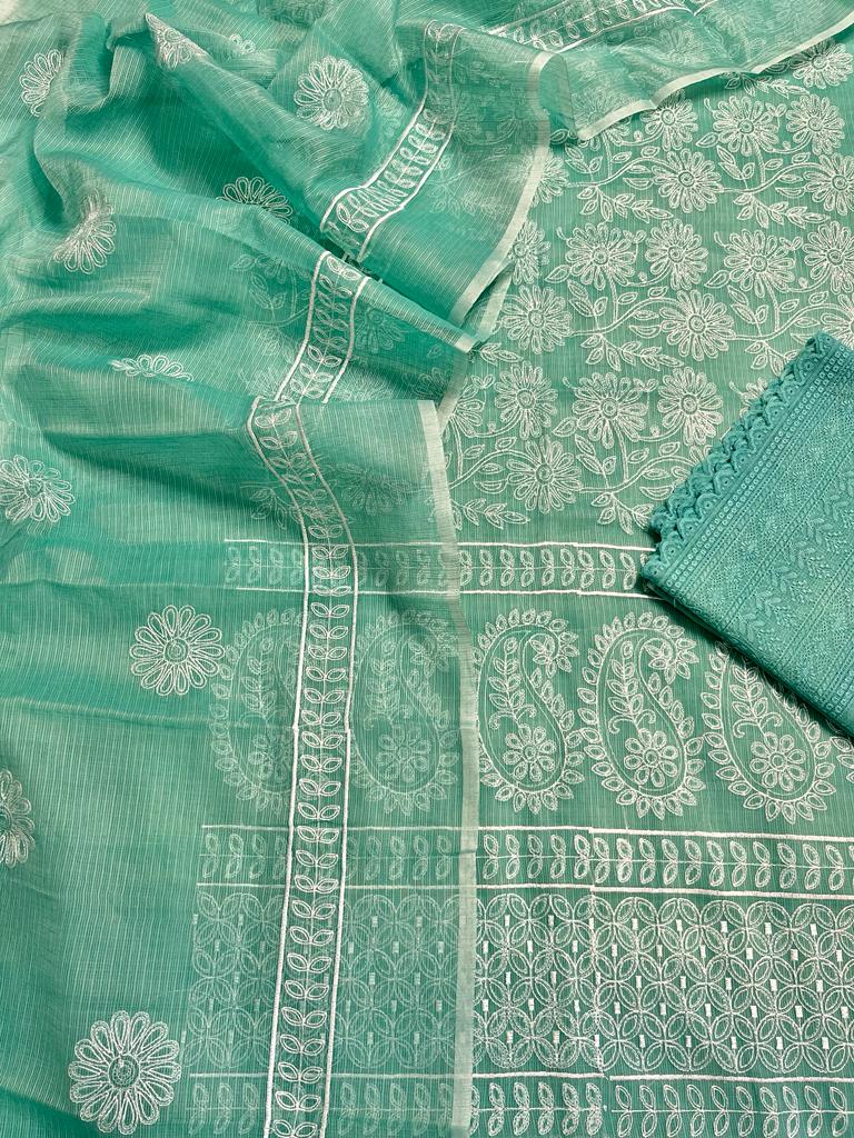 Kota Doria Embroidery Work Suits with Chikankari Embroidery work bottom Sheen Green Colour (TOP+DUPATTA+BOTTOM)