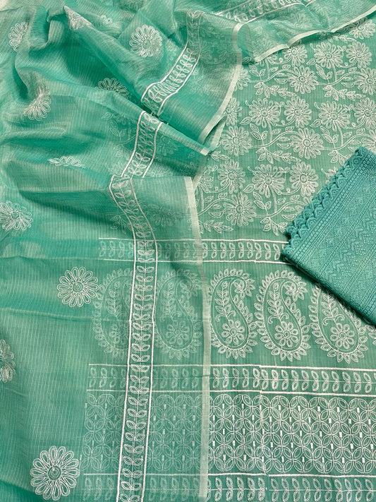 Kota Doria Embroidery Work Suit Material with Chikankari Embroidery work bottom Sheen Green Colour (TOP+DUPATTA+BOTTOM)-Indiehaat