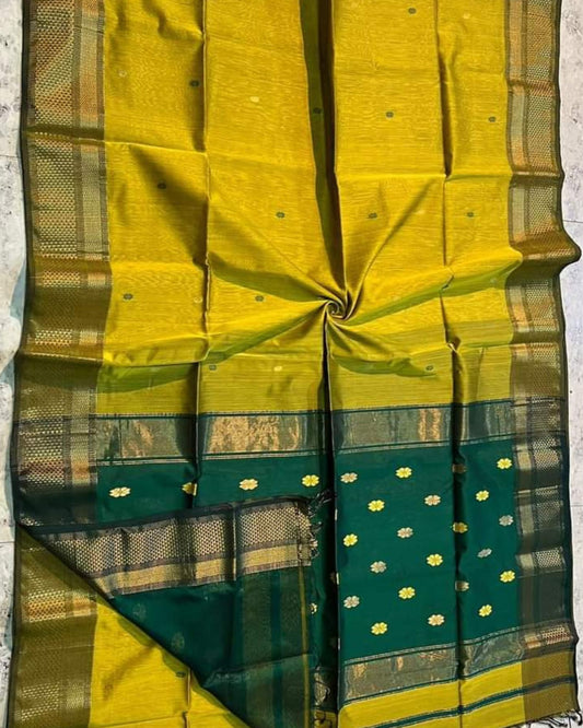 Maheshwari Silk Saree Goldenrod Yellow Color Handloom Handwoven Zari Border with flower Buti work pallu and contrast blouse - IndieHaat