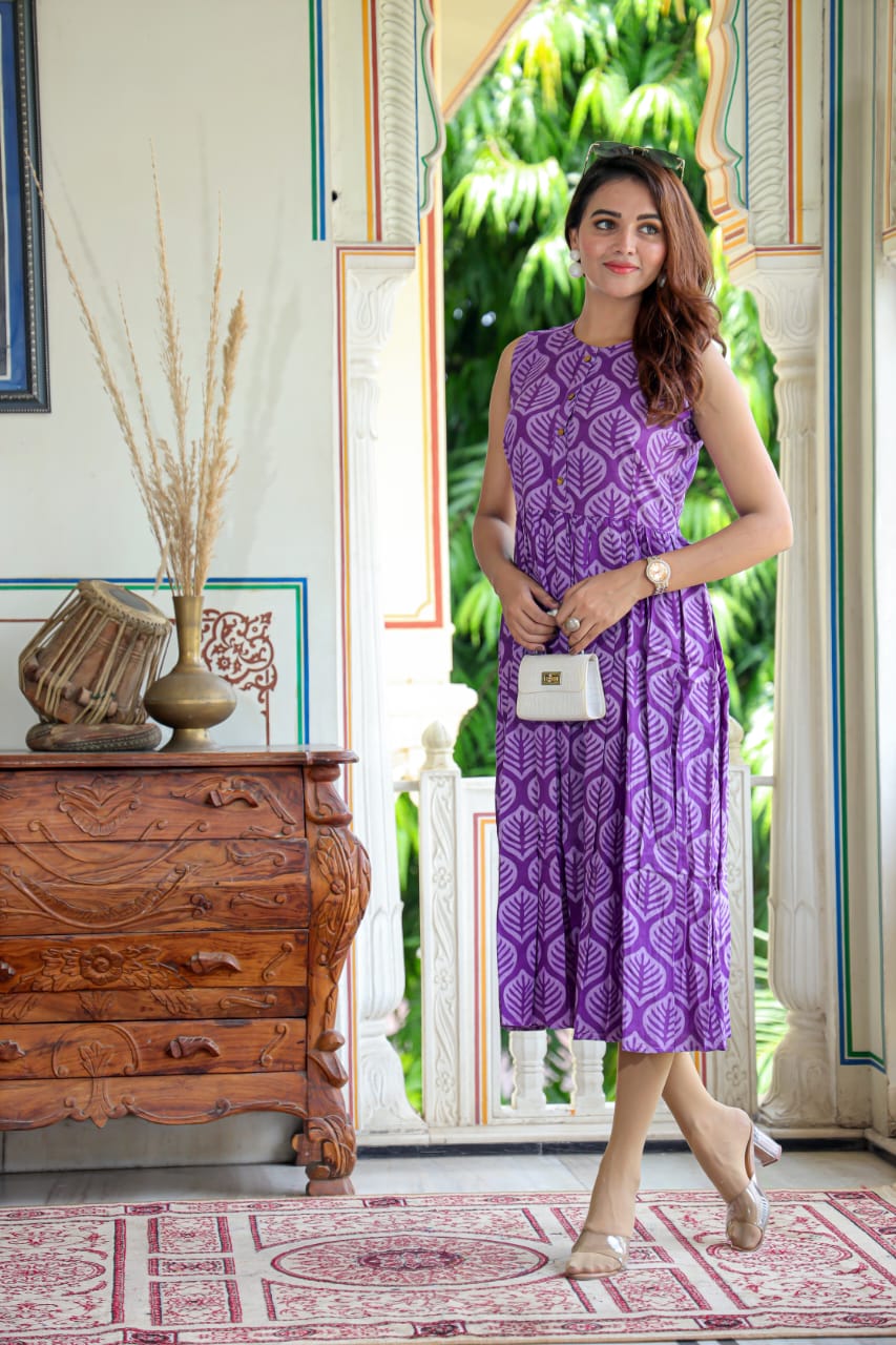 Pure Cotton (60*60) One Piece Dress Sleeveless Dark Purple Color Handblock Printed (Size: S-XXXL, 34-44) - IndieHaat