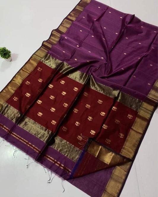 Maheshwari Handloom Handwoven Saree Dark Magenta  Color Double Design Zari Border with flower buti pallu and contrast blouse - IndieHaat