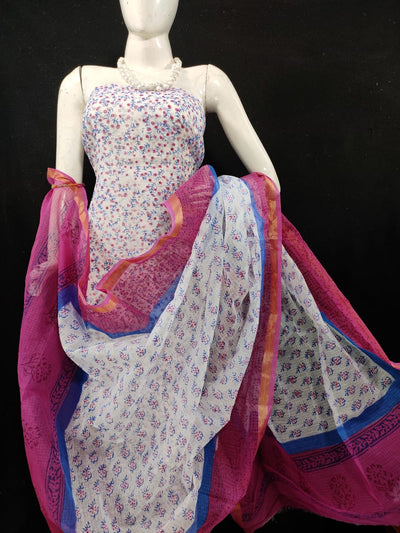 Kota Doria Pink Suit Material Handblock Printed with Zari Border Dupatta-Indiehaat