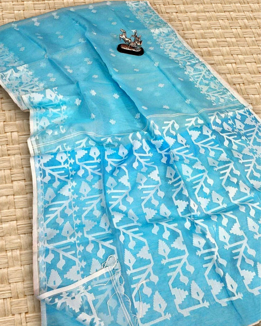 Muslin Silk Saree Printed Sky Blue Color with running blouse - IndieHaat