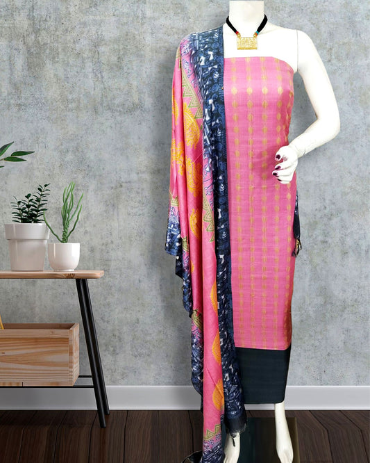Katan Silk Suit Piece Pink Color with Printed Dupatta - IndieHaat