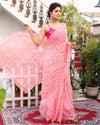 Georgette Handcrafted Saree Candy Pink Color Tepchi work with Running Blouse - IndieHaat