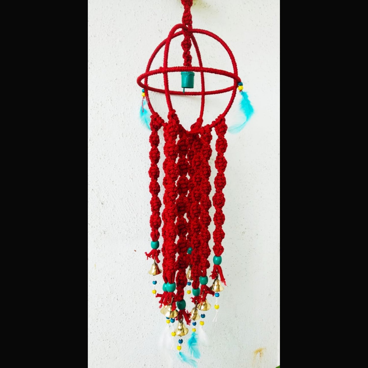 Macrame Red Wind Chime With Brass Bells And Feathers-Indiehaat