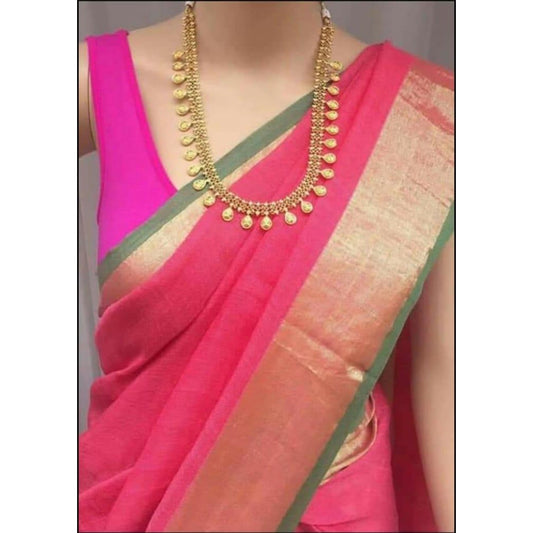 Handwoven Pure Linen Pink  Saree with Blouse-Indiehaat