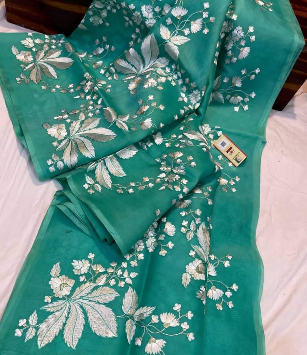 Organza Pure Green color Silk Saree Digital Embroidered with running blouse-Indiehaat