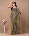 Kota Doria Cotton Saree Green Color Block printed with running blouse - IndieHaat