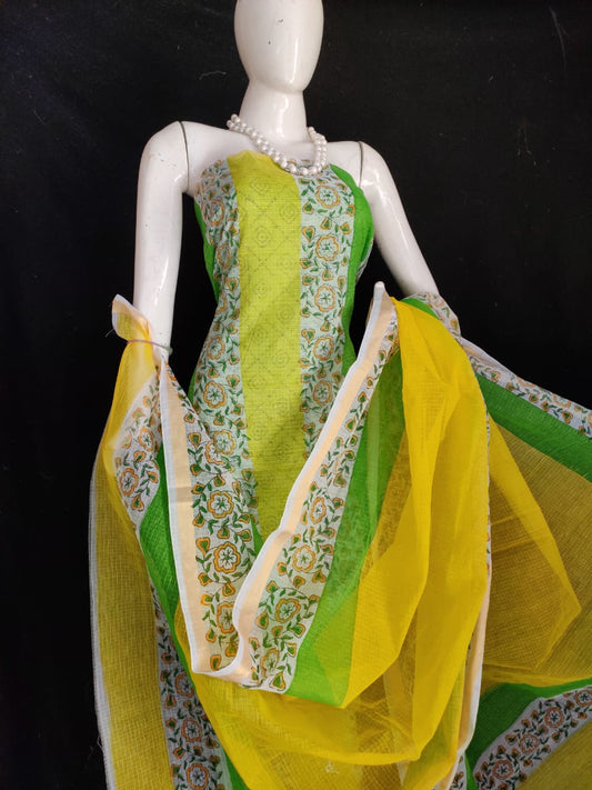 Kota Doria Green and Yellow Suit Material Handblock Printed with Zari Border Dupatta-Indiehaat