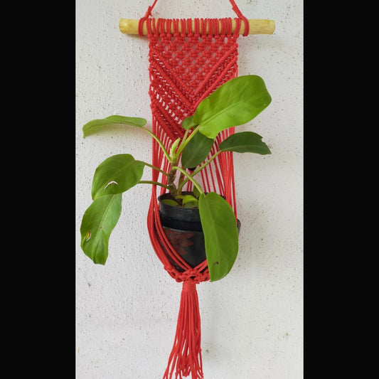 Red Macrame Wall Hanging  Pot Holder With Nylon Thread-Indiehaat