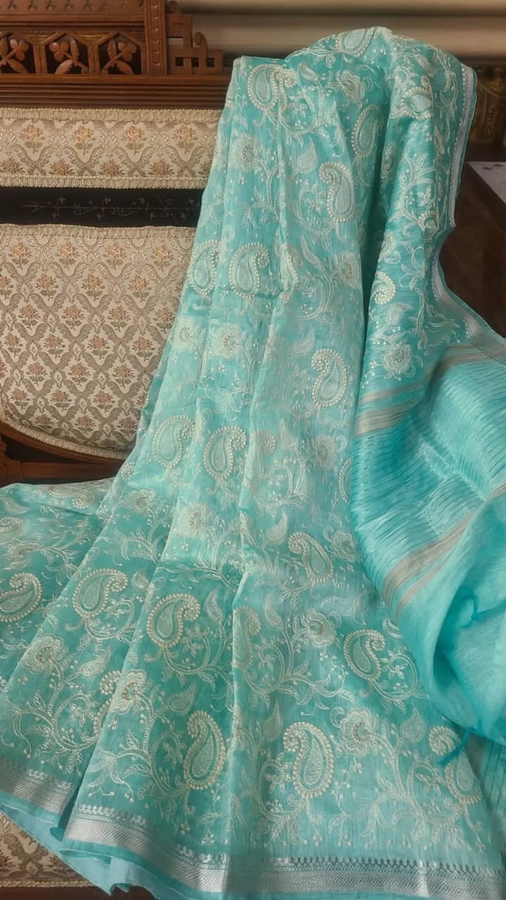 Pure Kota Linen Embroidery Saree Sheen Green Color with running blouse-Indiehaat
