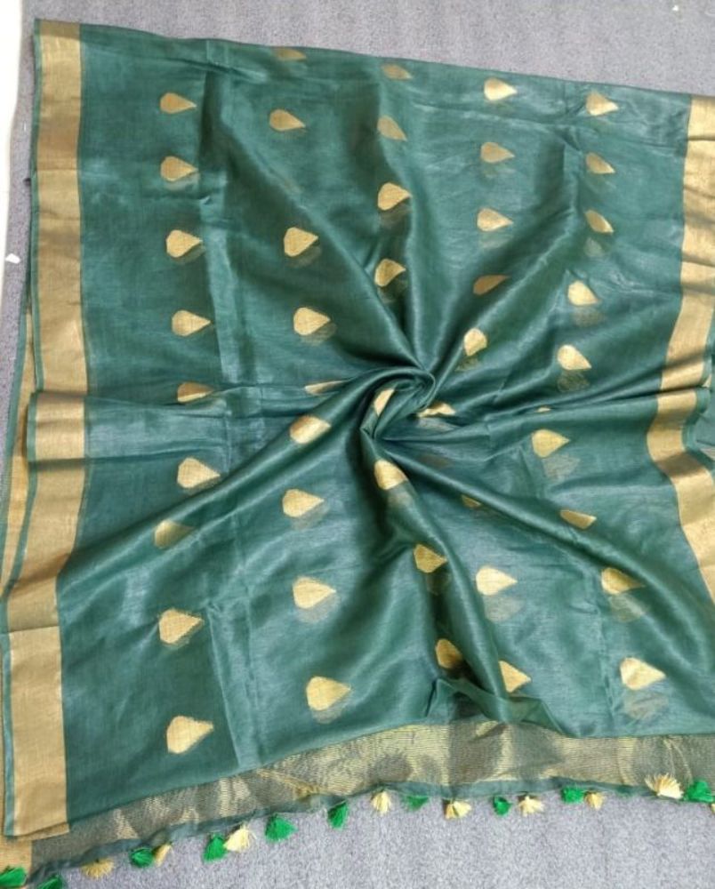 Silk Linen Banarasi Brocade Weaving Handloom Green Saree With Blouse-Indiehaat