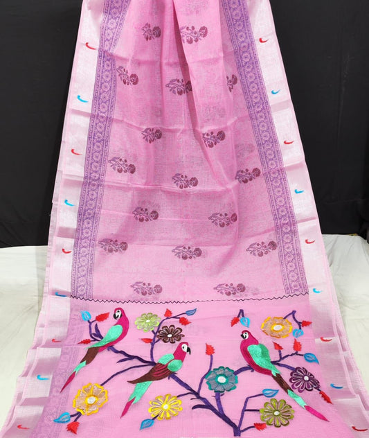 Kota Doria Paithani Embroidery Designer Saree Purplish Pink Colour with running blouse-Indiehaat