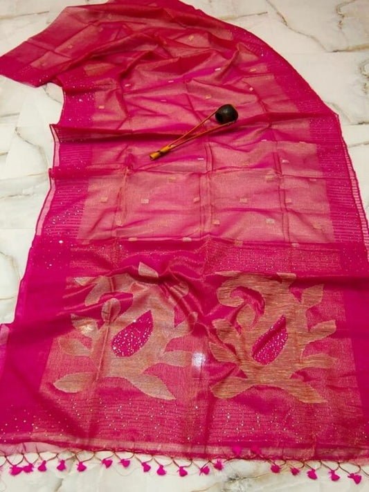 Tissue Muslin Saree Dark Pink Color Jamdani Weaving with running blouse - IndieHaat