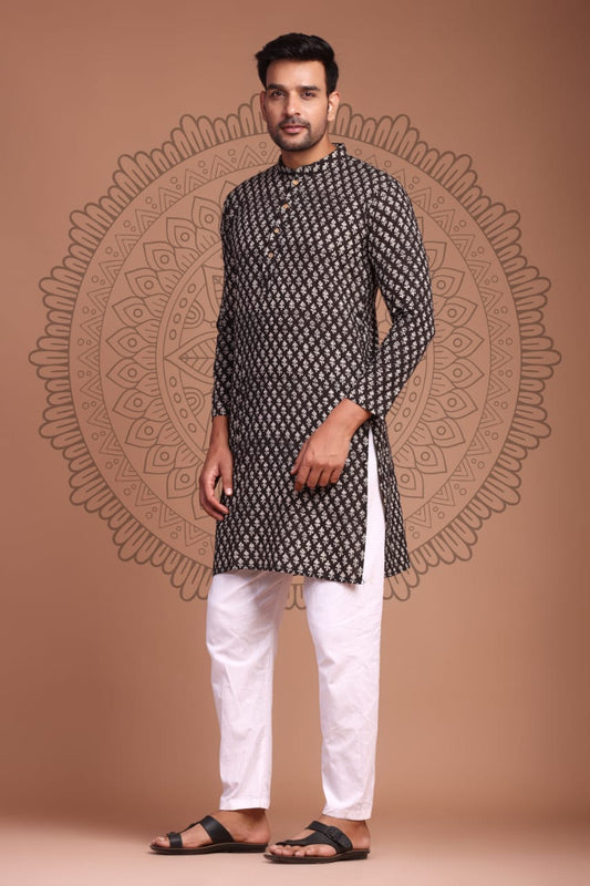 Cotton Designer Men'S Kurta Bagru Printed Hand Printed Brown Color (Size: 38-44)-Indiehaat