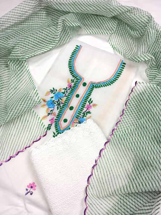 Kota Doria Embroidery White Suit Material with Leheriya Green Dupatta and Chikenkari Bottom-Indiehaat