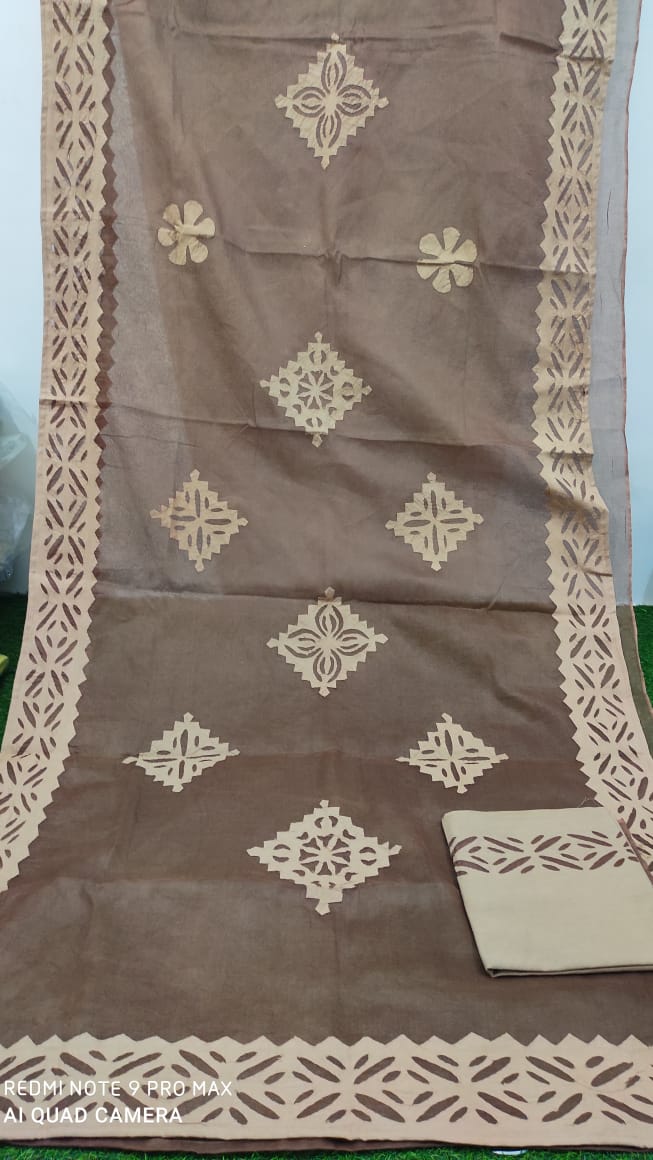 Organdy Cotton Saree Applique work Brown Colour with running blouse