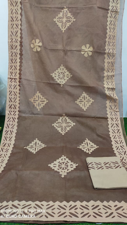 Organdy Cotton Saree Applique work Brown Colour with running blouse-Indiehaat