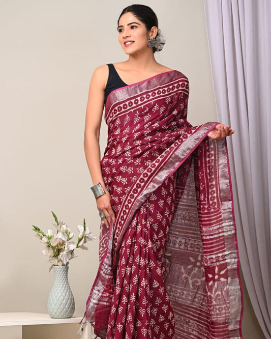 Linen Saree Dark Rose Red Color Handblock Kalamkari Printed with running blouse - IndieHaat