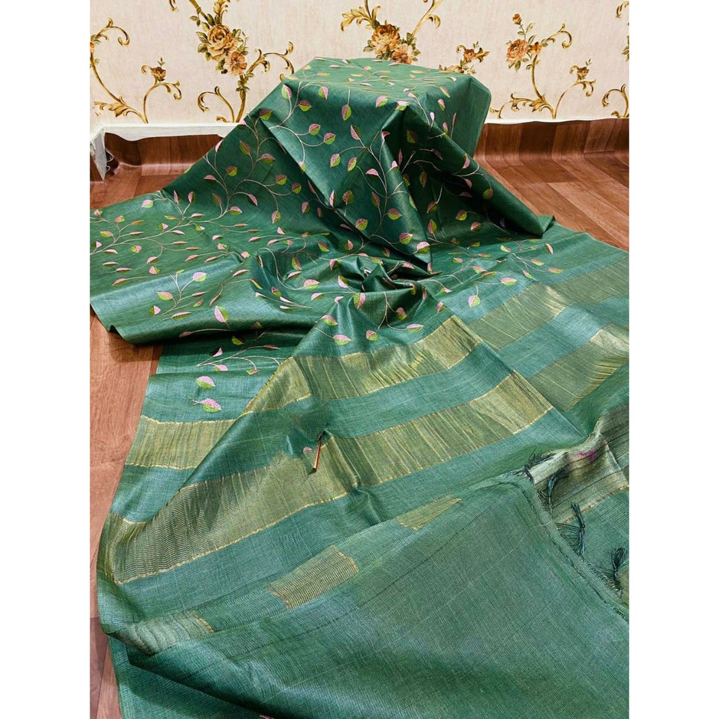 Silkmark Certified Eri Silk Digital Embroidered Green Saree with Running Blouse-Indiehaat