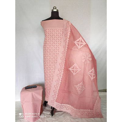 Cotton Applique work Pink Suit with Organdy Dupatta-Indiehaat