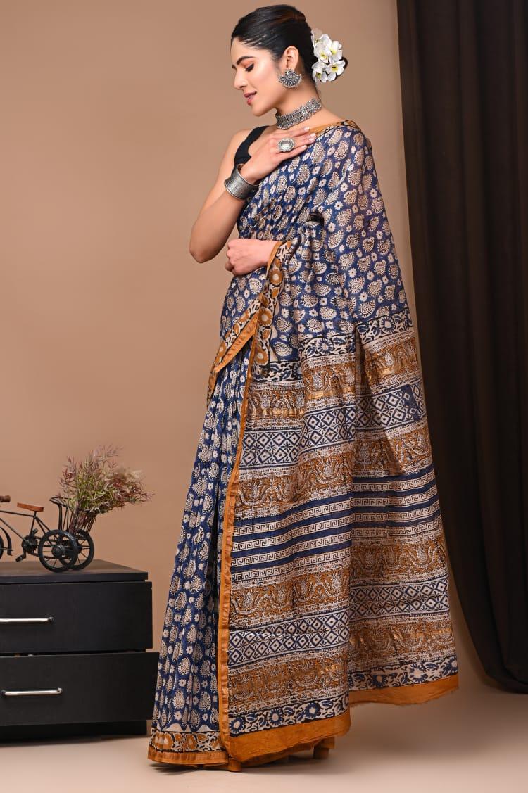 Pure Chanderi Silk Blue  Saree Handblock Printed with running blouse
