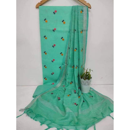 Handcrafted Katan Silk Green Suit Piece with Bottom and Dupatta-Indiehaat