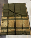 Maheshwari Handloom Silk Saree Dark Olive Green Color Zari Line Zari Pallu with running blouse - IndieHaat