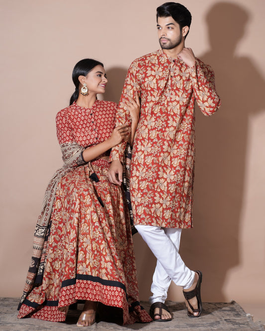 Handblock Printed Cotton Lehanga with Mulmul Dupatta and Kurta Pyjama Combo (Size: 32-46) Melon Red Color-Indiehaat