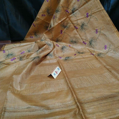 Eri Silk Digital Embroidered Biege Saree with Running Blouse-Indiehaat
