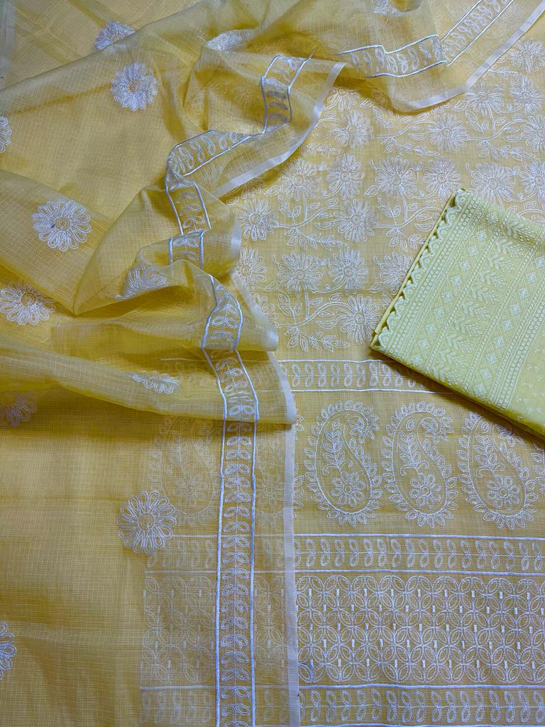 Kota Doria Embroidery Work Suits with Chikankari Embroidery work bottom Yellow Colour (TOP+DUPATTA+BOTTOM)
