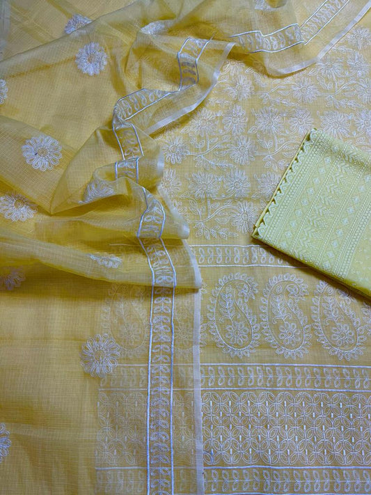 Kota Doria Embroidery Work Suit Material with Chikankari Embroidery work bottom Yellow Colour (TOP+DUPATTA+BOTTOM)-Indiehaat