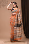 Pure Chanderi Silk  Orange  Saree Handblock Printed with running blouse