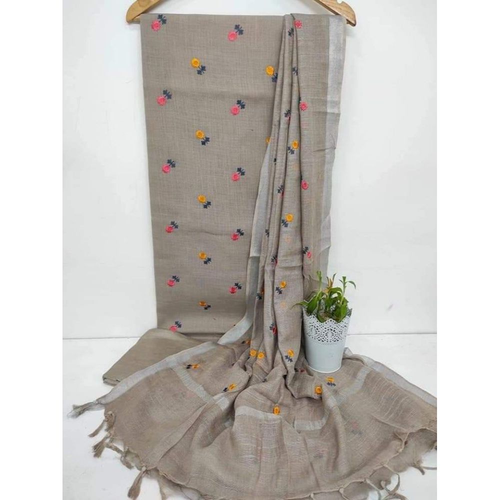 Embroidered Katan Silk Suit Piece with Bottom and Dupatta