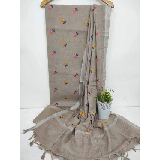 Handcrafted Katan Silk Grey Suit Piece with Bottom and Dupatta-Indiehaat