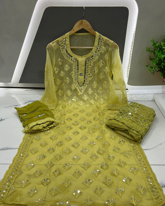 Georgette Kurti Olive Green Color Chikankari Ombre Mirror Work with Dupatta, Bottom and Inner - IndieHaat