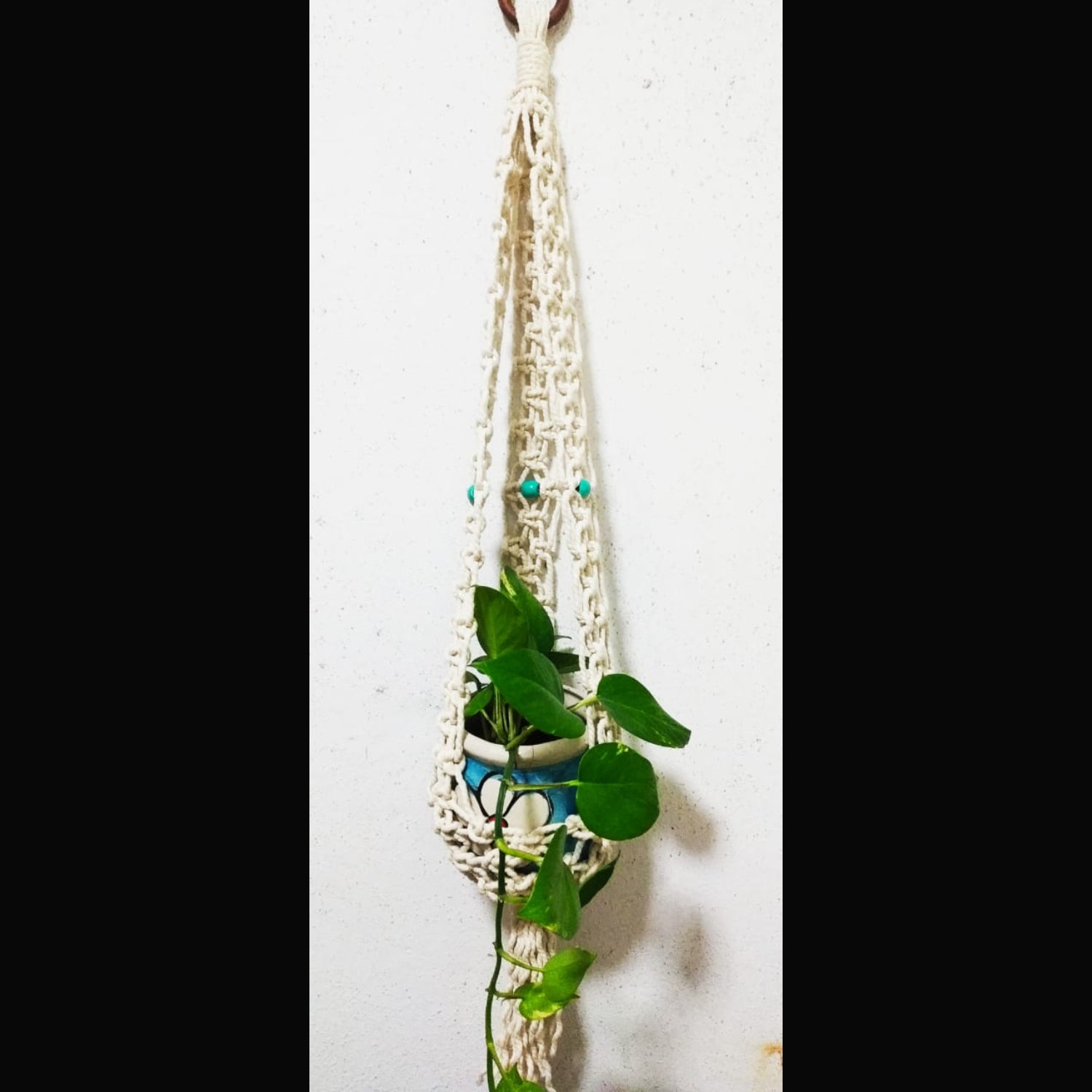White Macrame Wall Hanging White Pot Holder With Wooden Beads And Poly Cotton Thread-Indiehaat