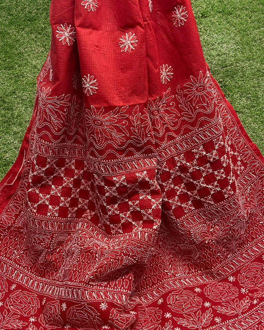 Kota Doria Saree Crimson Red Color Chikankari work without blouse - IndieHaat