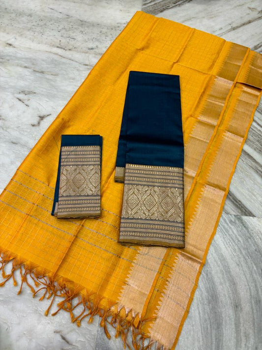 Mangalagiri Lehanga Sets Golden Orange & Dark Navy Blue Color 300 K Kanchi Border (Lehanga+Blouse+Dupatta) - IndieHaat