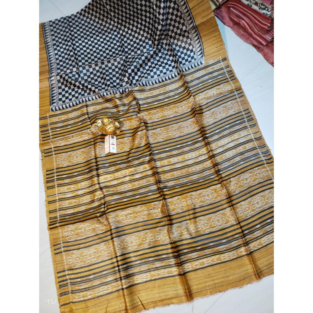 Silkmark Certified Tussar Silk Madhubani Block Print Yellow Saree with Blouse-Indiehaat