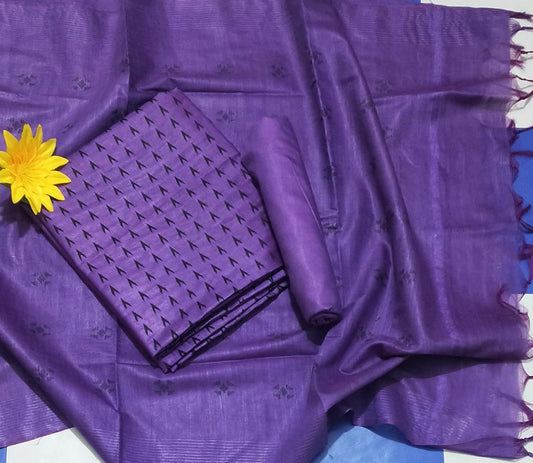 Handcrafted Katan Silk Purple Suit Piece with Bottom and Dupatta-Indiehaat