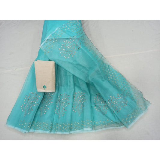 Kota Doria Embroidery Saree Sea Green Color with blouse Handcrafted-Indiehaat