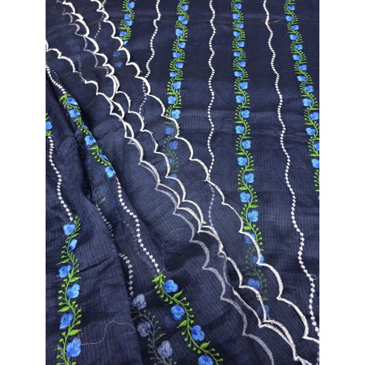Kota Doria Blue Suit Material Embroidered and Hand Dyed with Dupatta-Indiehaat