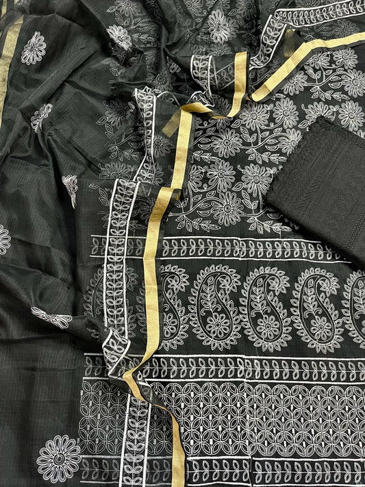 Kota Doria Embroidery Work Suit Material with Chikankari Embroidery work bottom Eerie Black Colour (TOP+DUPATTA+BOTTOM)-Indiehaat