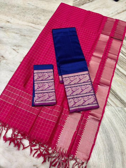 Mangalagiri Lehanga Sets Magenta Pink & Dark Navy Blue Color 300 K Kanchi Border (Lehanga+Blouse+Dupatta) - IndieHaat