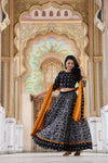 Handblock Printed Cotton Black and Yellow Lehanga And Top With Mulmul Dupatta | Indiehaat