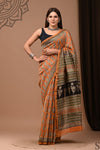 Pure Chanderi Silk Orange Saree Handblock Printed with running blouse