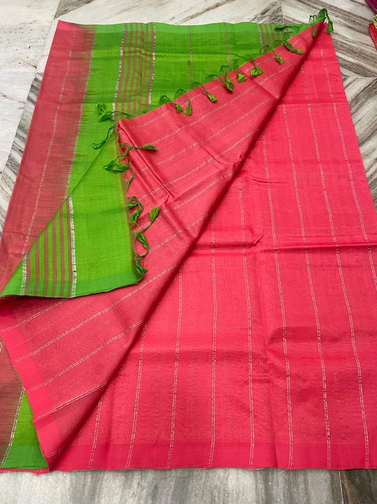 Mangalagiri Plain Pattu Saree Pink Color with Zari Line Weaving, Contrast Pallu and Blouse-Indiehaat